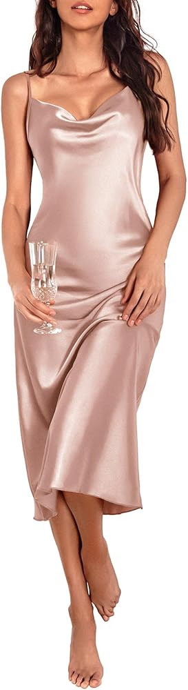 Ekouaer Womens Satin Nightgown Sexy Lingerie Sleepwear Spaghetti Strap Cowl Neck Elegant Long Sli... | Amazon (US)