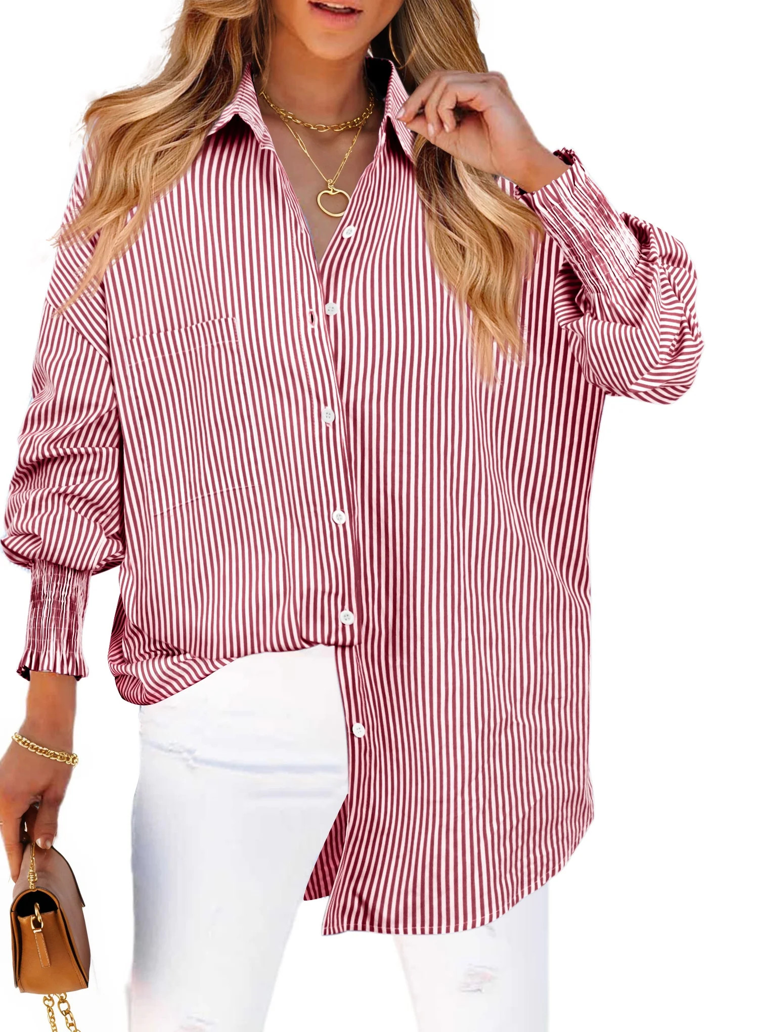Fantaslook Striped Button Down Shirts for Women Smocked Cuffed Trendy Blouse Causal Long Sleeve T... | Walmart (US)