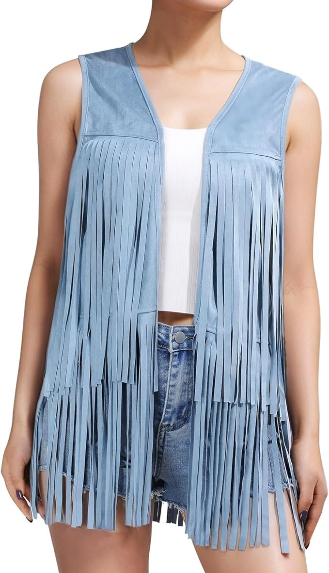 Women Western Black Fringe Vest Brown Cowgirl Sleeveless Faux Suede Tassel Vest 70s | Amazon (US)
