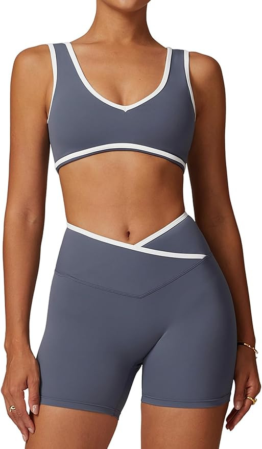 Two Piece Workout Sets for Women Color Block Sports Bra and Scrunch Butt Lifting Shorts Gym Yoga ... | Amazon (US)