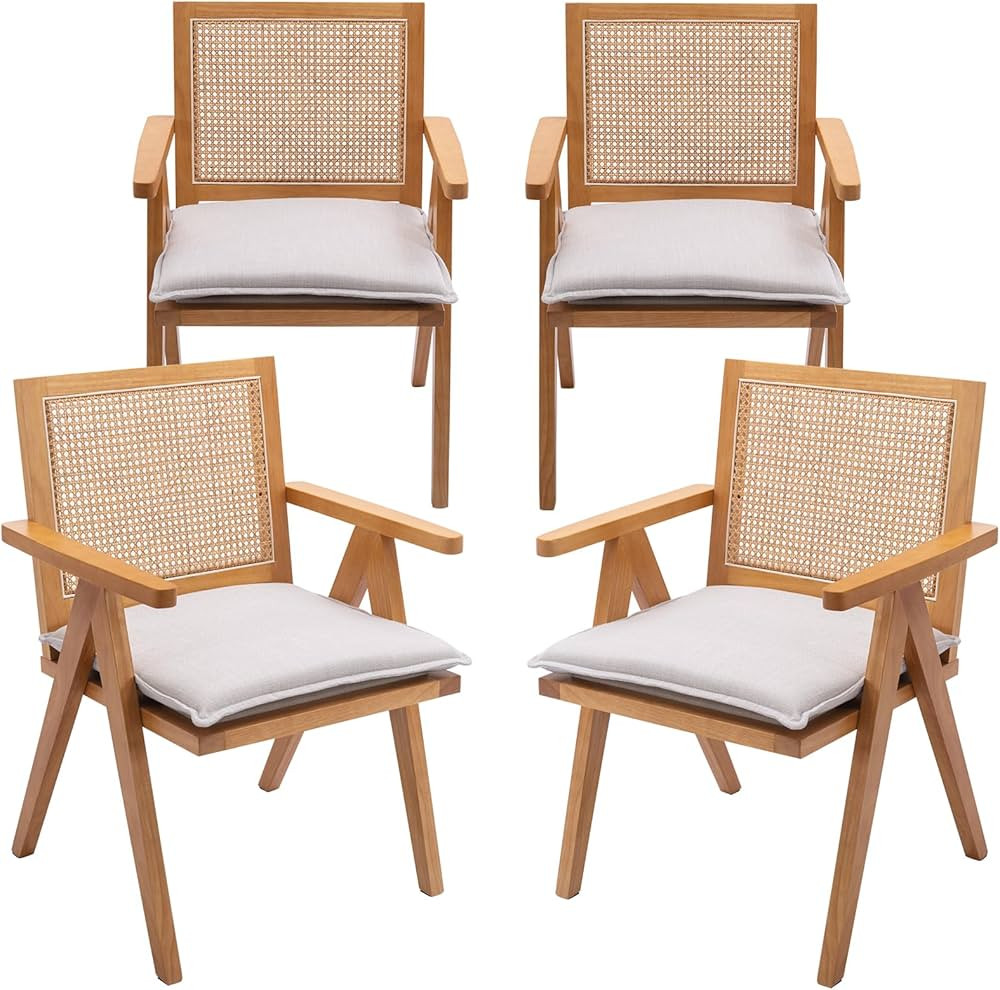 Guyou French Rattan Woven Dining Chairs Set of 4, Upholstered Dining Room Arm Chairs with Cane Ba... | Amazon (US)