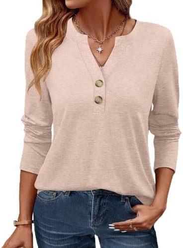 Womens Long Sleeve Tops Fall Clothing V Neck Casual Shirts Button Dressy Trendy Blouses Loose Fit... | Amazon (US)