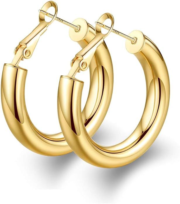 14K Gold Plated Thick Chunky Gold Hoop Earrings with Sterling Silver S925 Ear Post | Amazon (US)