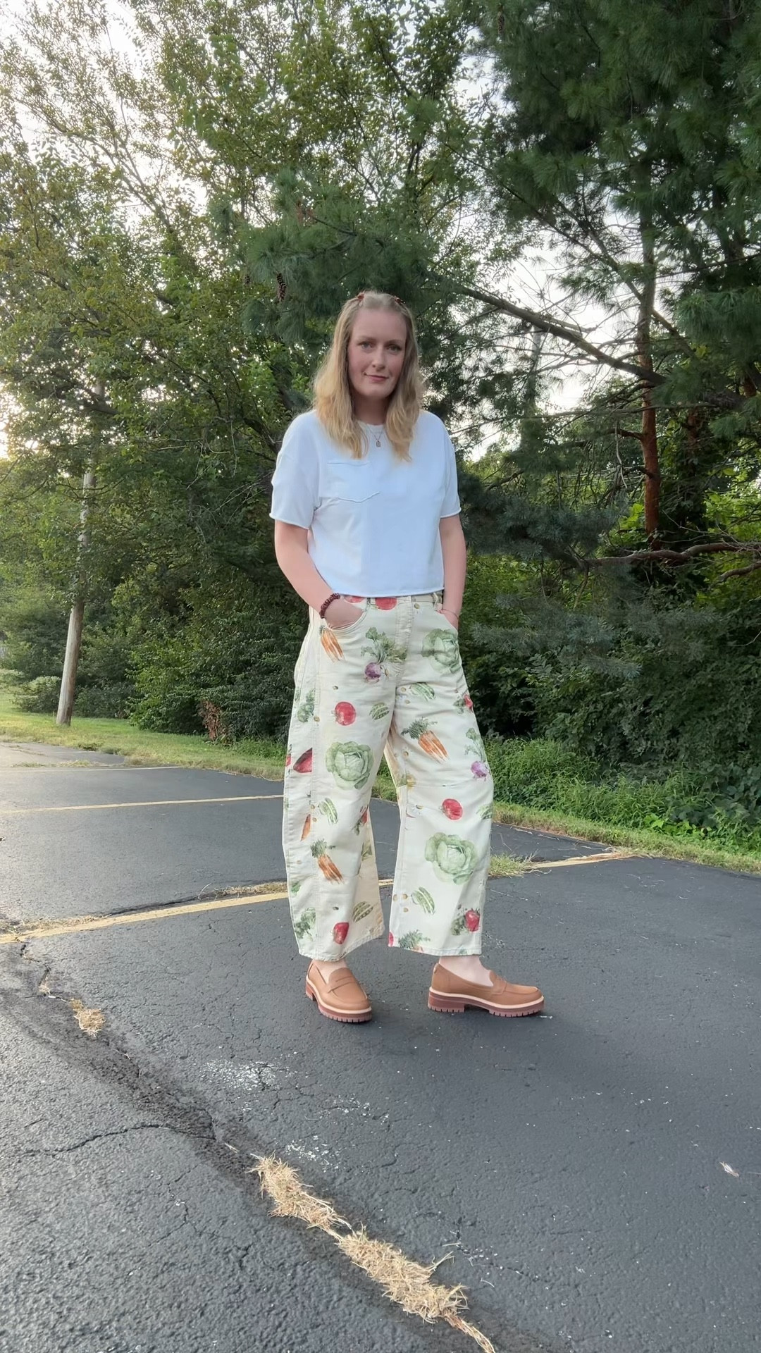 Vegetable pants? For the Dietitian? Groundbreaking. 🥕🥦🫜🫑 I think my exact print is sold out of the barrel jeans but they have an oversized tee that I linked! 

#LTKMidsize #LTKSaleAlert #LTKWorkwear