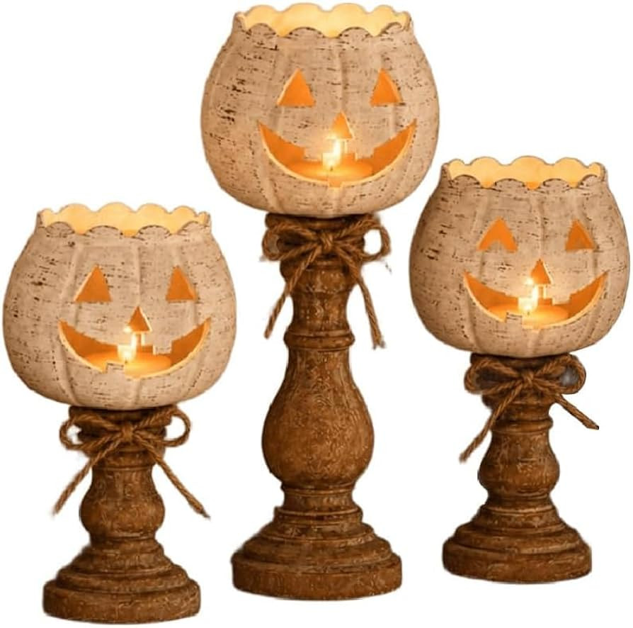 Halloween Candle Holder | 3Pcs Rustic White Pumpkin Tealight Candle Holders | Amazon (US)