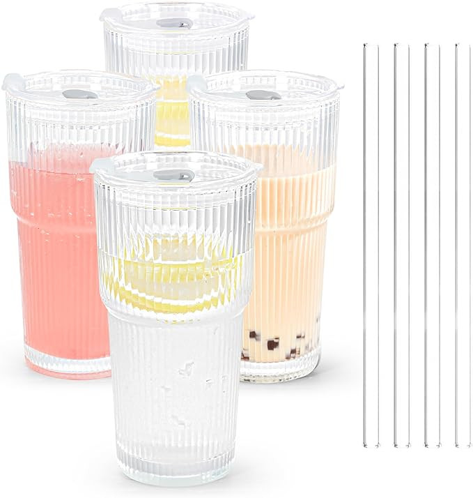 20 oz 4 Pcs Drinking Glass Set with Straw and Lid Vertical Stripes Ribbed Iced Coffee Mugs Vintag... | Amazon (US)