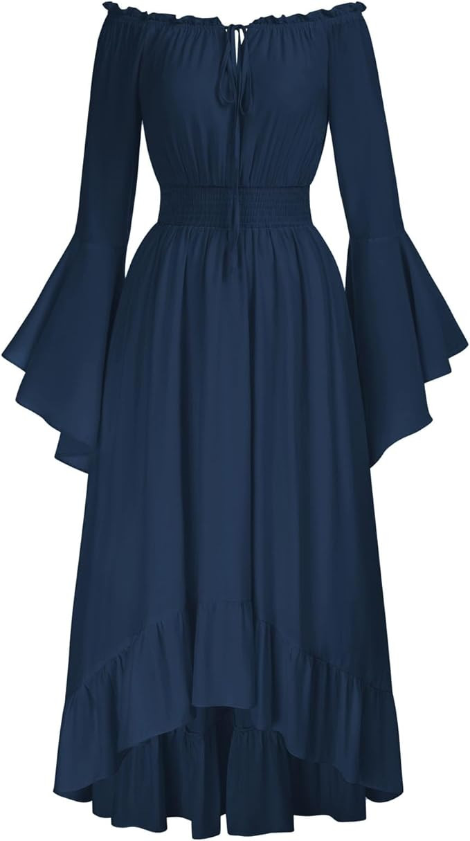 Scarlet Darkness Renaissance Faire Costume Women Off Shoulder Long Bell Sleeve High Low Dress | Amazon (US)