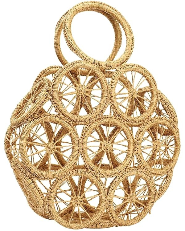 Straw Crossbody Bag for Summer Women Beach Shoulder Top Round Lemon Pattern Tote Handbag | Amazon (US)