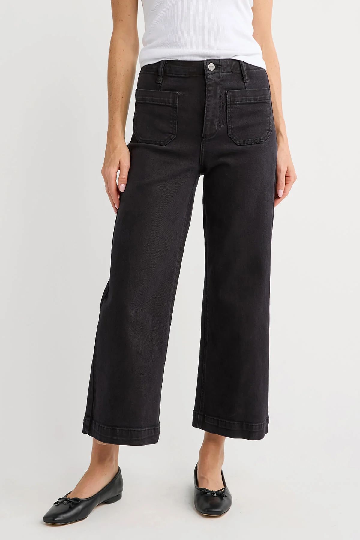 Risen Cropped Patch Pocket Black Jeans | Social Threads