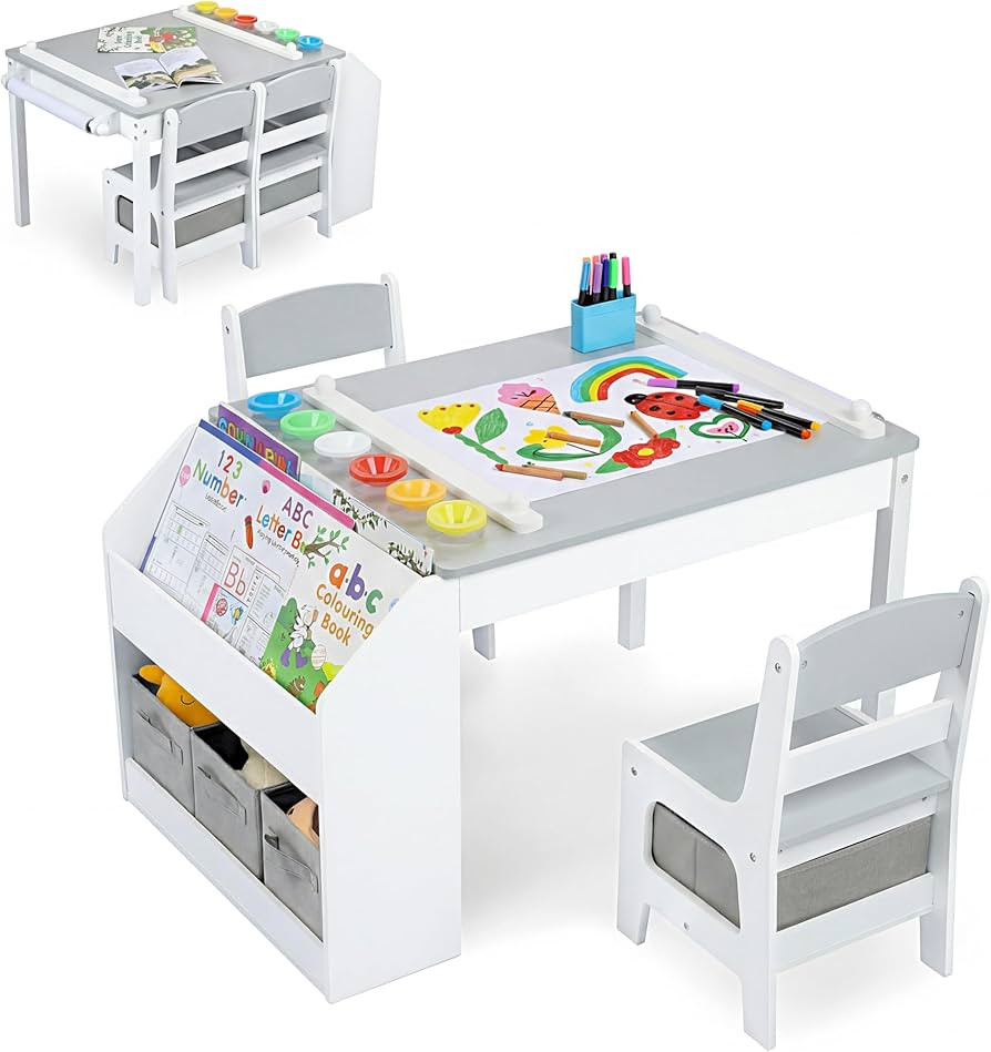 Kinder King Kids Art Table & 2 Chair Set, Wood Toddler Activity Table w/Paper Roll, Bookshelves &... | Amazon (US)