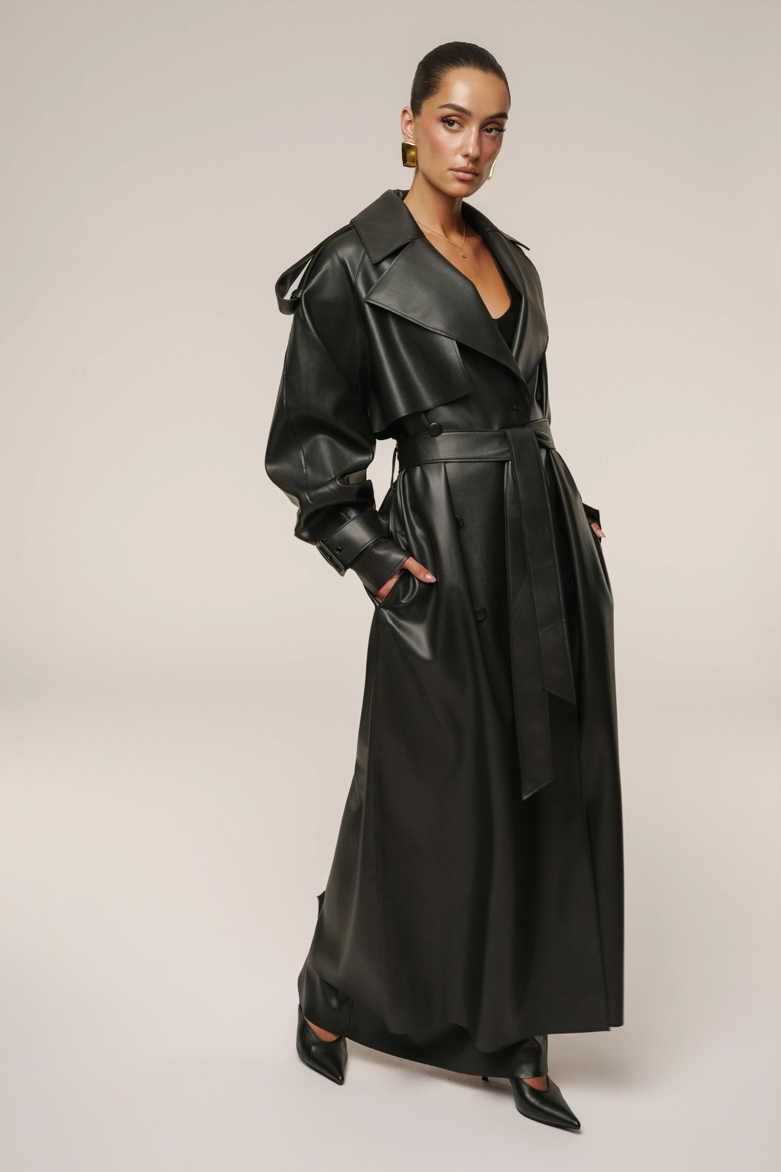 Black The Icon PU Leather Coat | JLUXLABEL