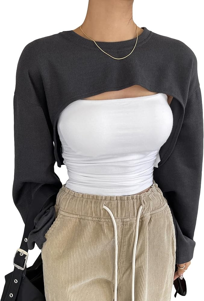 GORGLITTER Women's Cropped Hoodies Sweatshirt Long Sleeve Super Crop Tops Round Neck Pullover Tee... | Amazon (US)