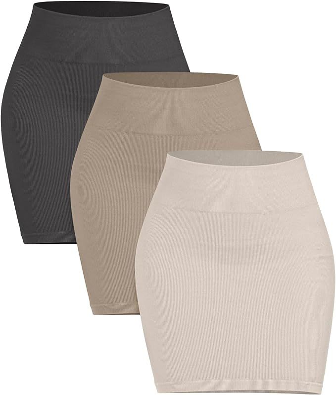ODODOS 3-Pack Seamless Mini Skirt for Women Ribbed High Waisted Bodycon Basic Pencil Skirts | Amazon (US)