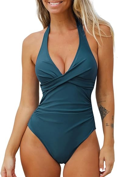 CUPSHE Women One Piece Swimsuit Deep V Neck Tummy Control Halter Twisted Backless Bathing Suits | Amazon (US)