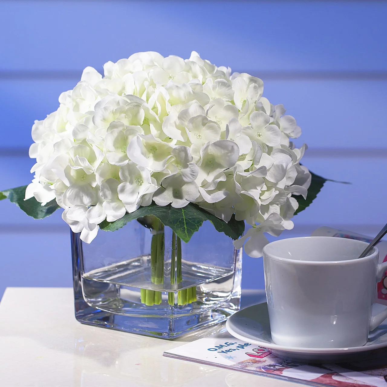 Enova Home Silk Hydrangea Flower Arrangement in Cube Glass Vase With Faux Water | Walmart (US)