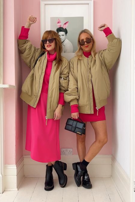 Pink midi dress and knitted mini dress styled with H&M oversize bomber and black loafers  

#LTKunder100 #LTKeurope