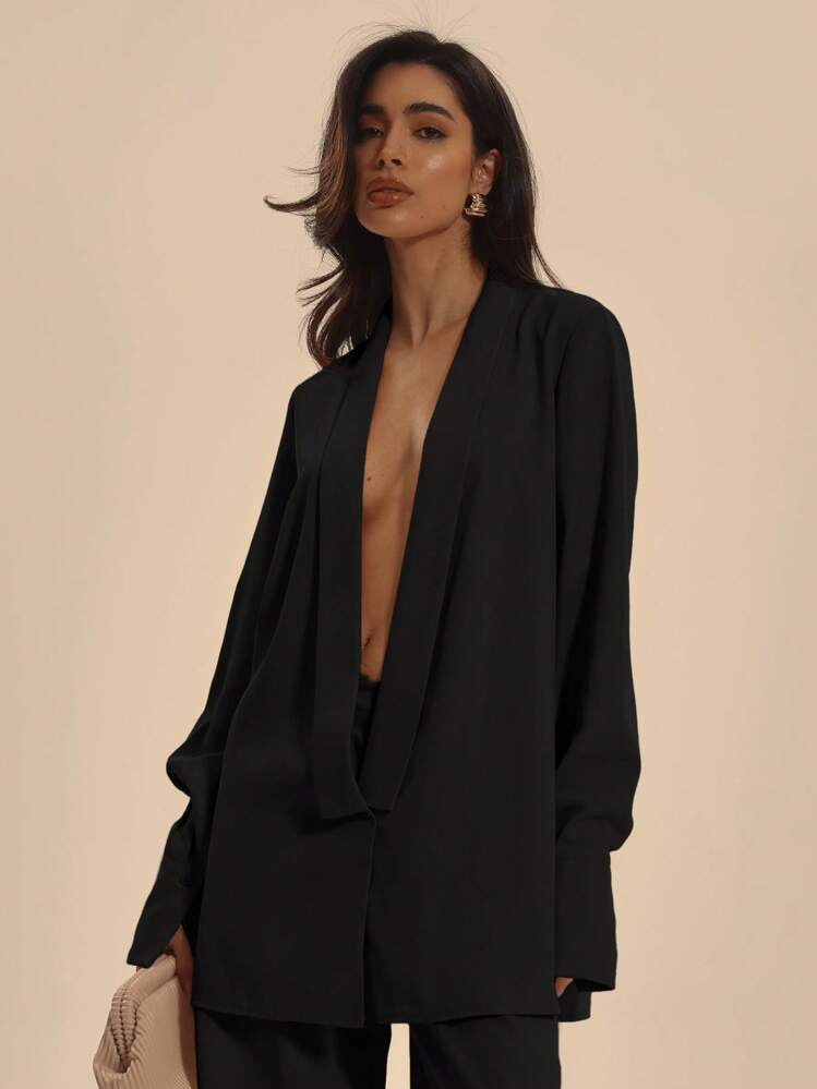 MUSERA Oversized Extreme Plunge Front Wrap Tailored Long Sleeve Shirt Only Prom Vacation Occasion... | SHEIN