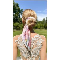 Floral Silk Hair Scarf, Luxury Accessories For Women, Bridal Accessories, Pink & Grey Square Unique Gift Women | Etsy (US)