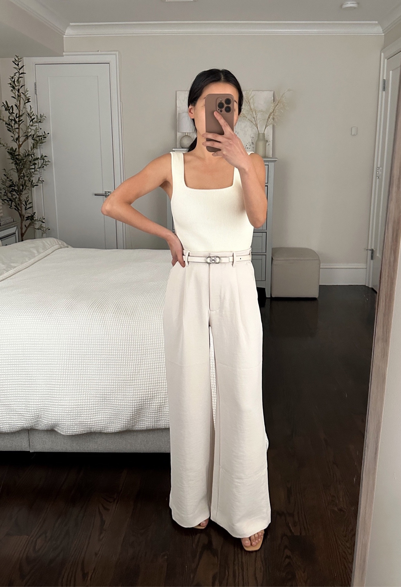 •Reformation tank xs (worn with B6 nipples) 
•Wide leg crepe pants 24 short - stock on these isn’t great so I’ve also linked the Sloane pants, the waist runs bigger on these than on the Sloane crepe pants. I got a 24 short and it’s still a bit loose. The fabric on these is more cream compared to the Sloane crepe pants. Both styles are double layered and not see through, and both are gorgeous, elegantly draping options! 
•Reformation sandals 5 
•Edited Pieces mini belt xxs (avail on EditedPieces.com) 

#petite

#LTKworkwear #LTKSeasonal