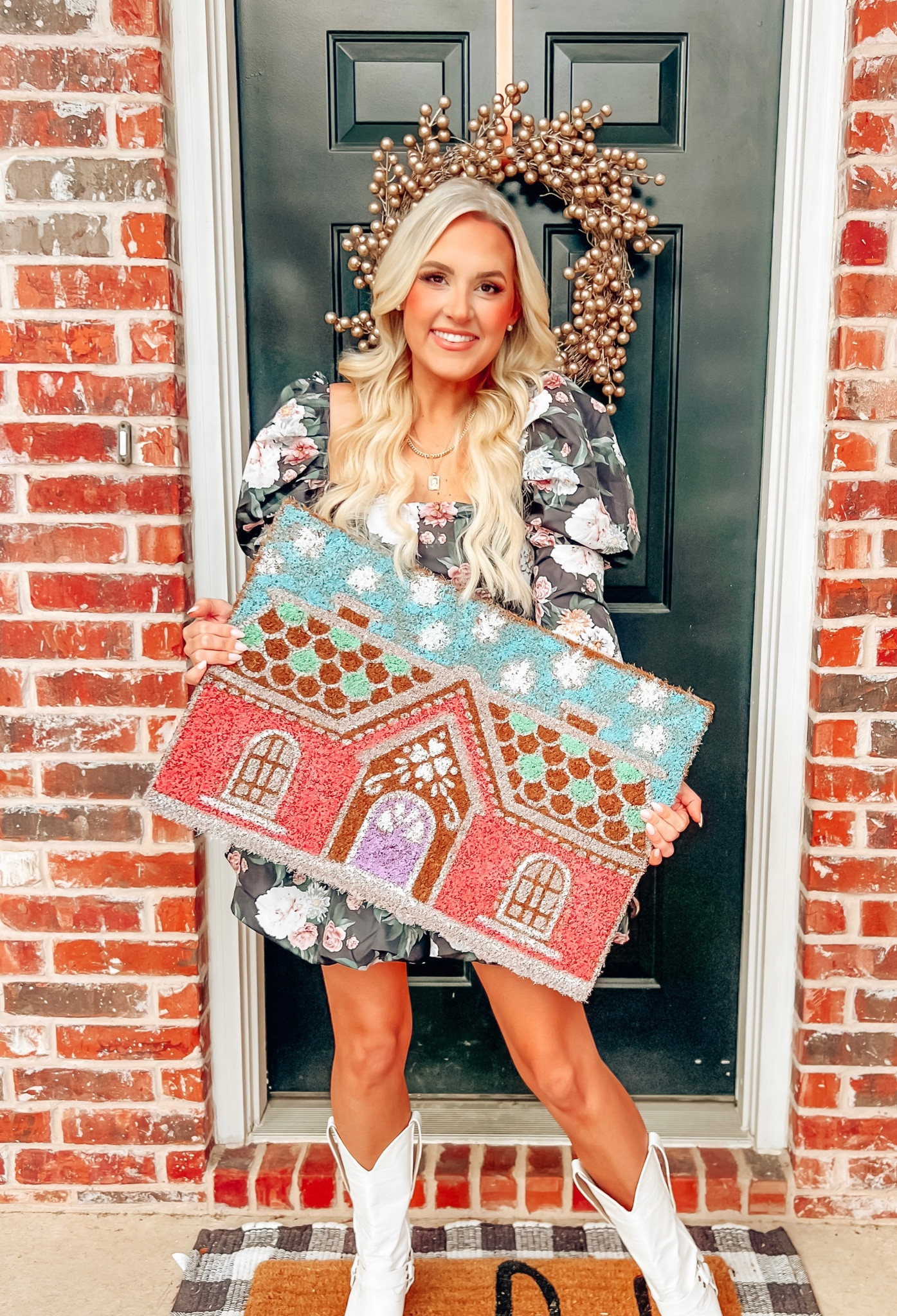 Gingerbread house doormat. Christmas front porch decor. Whimsical Christmas decor. Pastel Christmas decor. DIY Christmas projects. Front porch door mat. 

#LTKSeasonal #LTKhome #LTKHoliday