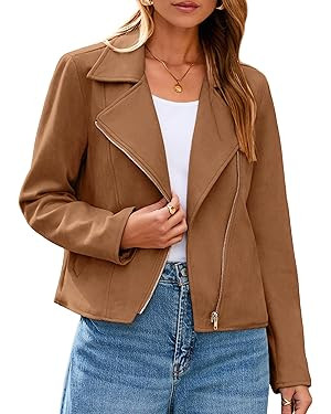 Glamaker Womens Faux Suede Jackets Long Sleeve Casual Cropped Zipper Biker Moto Jacket Fall Winte... | Amazon (US)