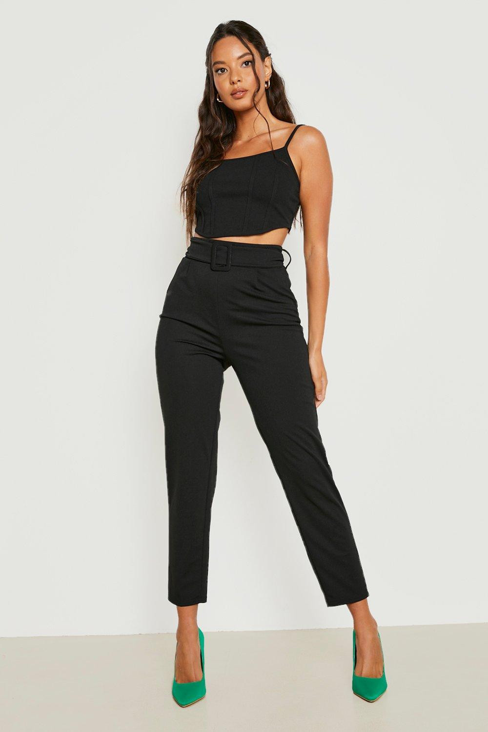 Womens High Waisted Buckle Belted Tapered Pants - Black - 2 | Boohoo.com (US & CA)