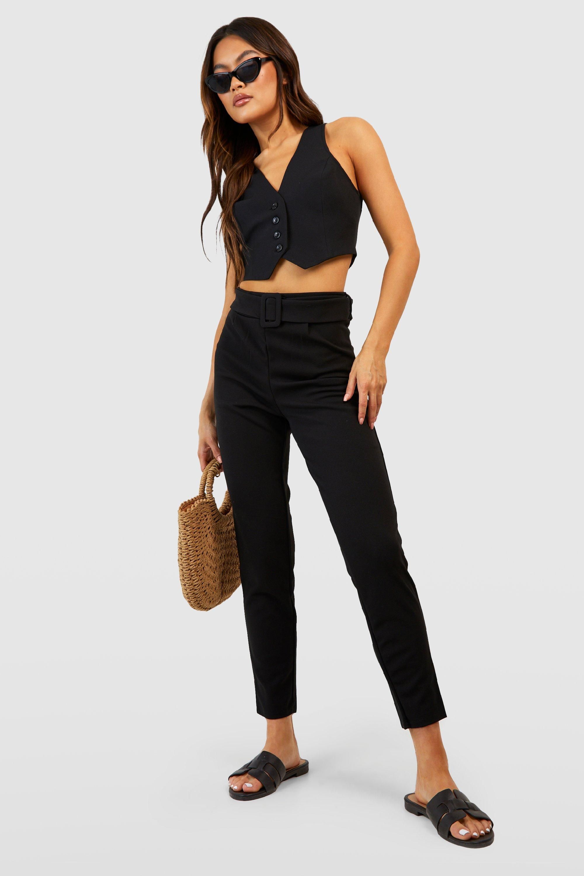 Womens High Waisted Buckle Belted Tapered Pants - Black - 2 | Boohoo.com (US & CA)