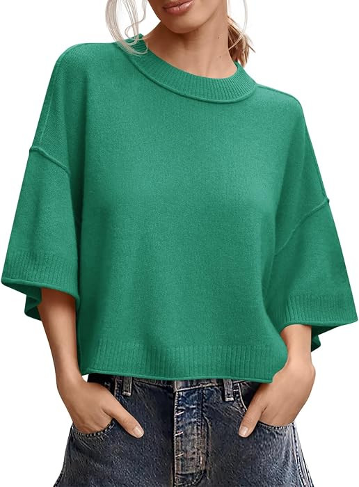 Saodimallsu Womens Short Sleeve Sweater Oversized Cropped Sweaters Knit Top | Amazon (US)