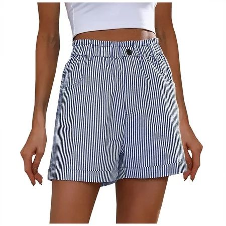 amelAEA Women's Striped Shorts Cotton Linen Elastic Waisted Straight Leg Shorts Button Summer Loo... | Walmart (US)