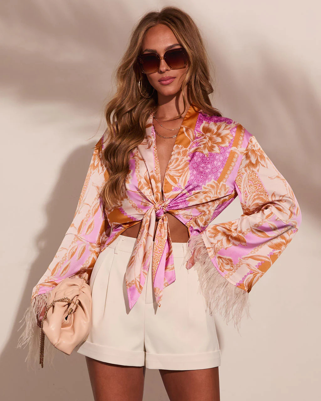 Lennora Satin Paisley Front Tie Feather Trim Blouse | VICI