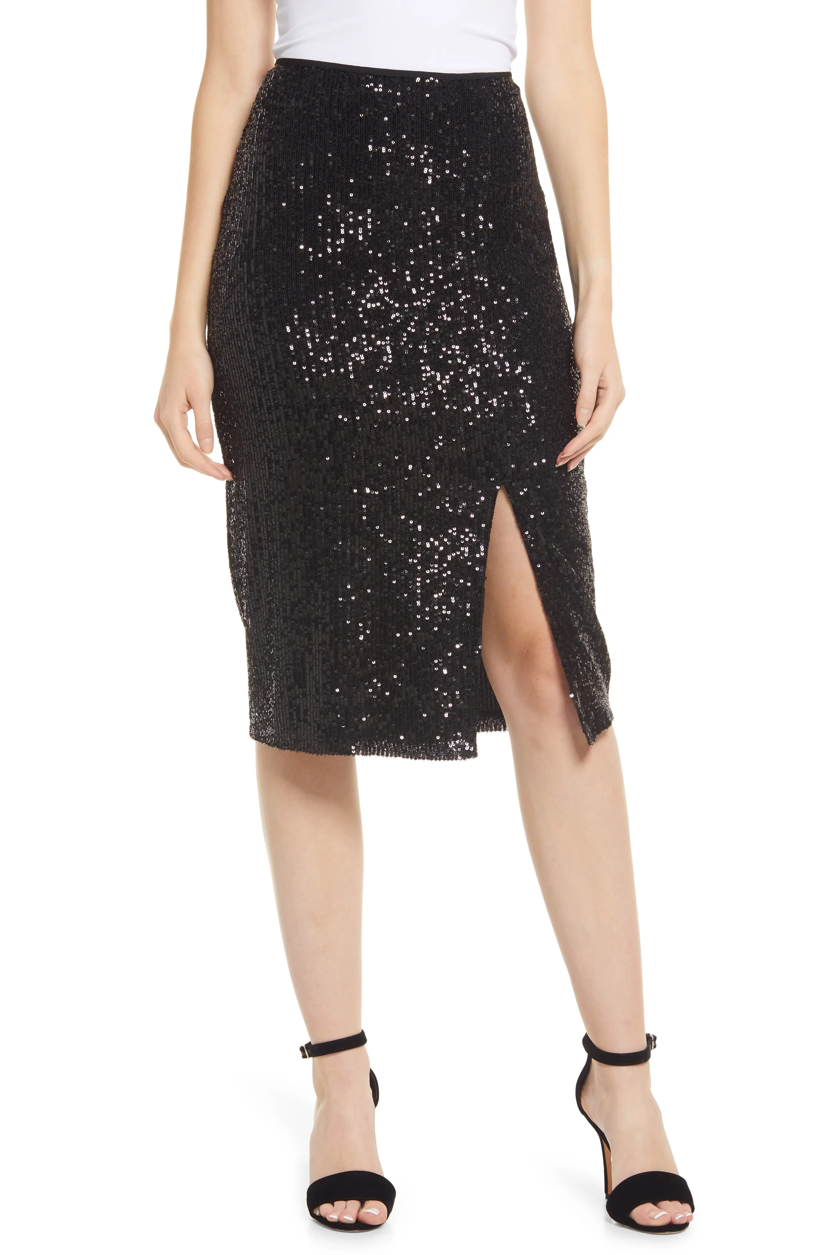 Halogen(R) Sequin Side Slit Skirt, Size Xx-Small P in Black at Nordstrom | Nordstrom