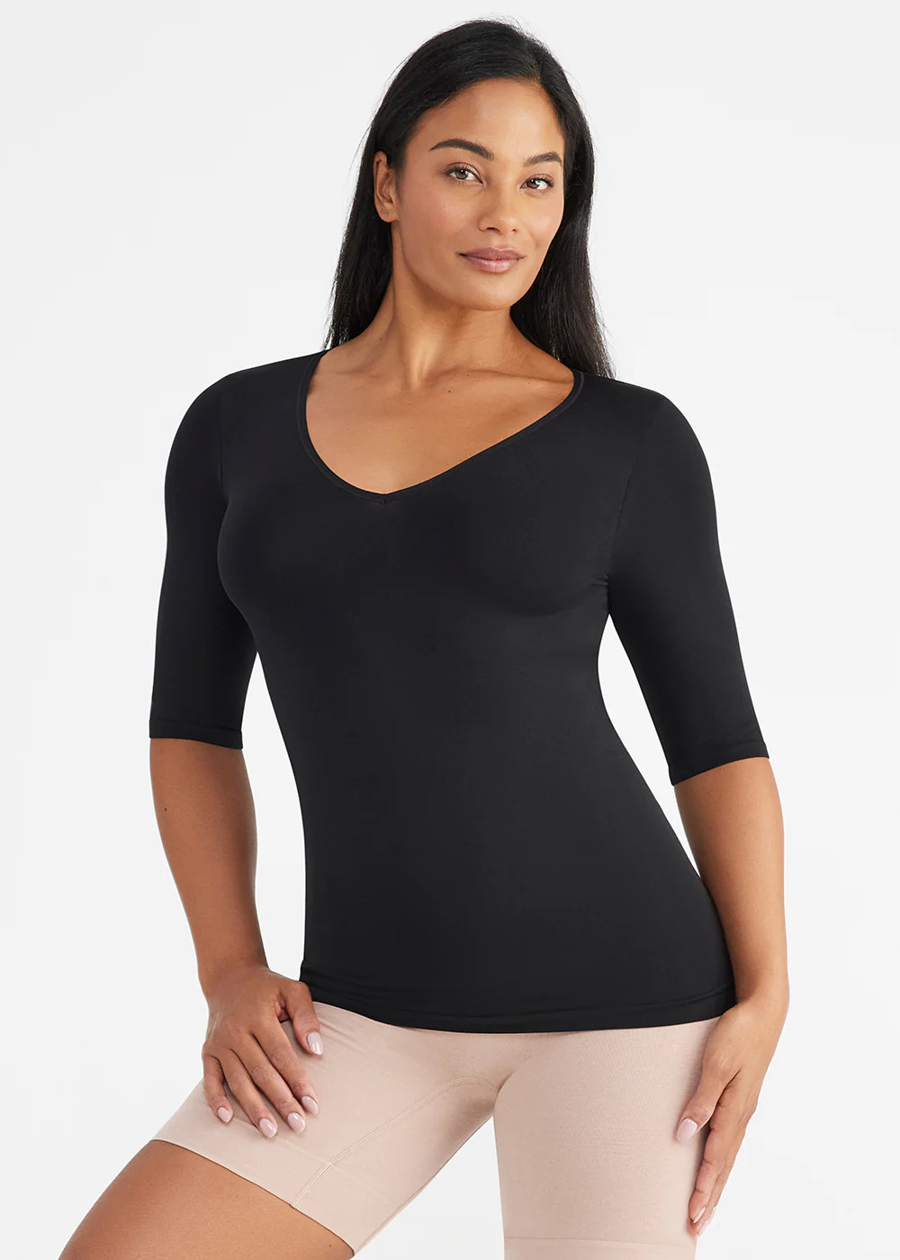 Willow V-Neck 3/4 Sleeve Seamless Shaping Tank Top in Black | yummie | Yummie