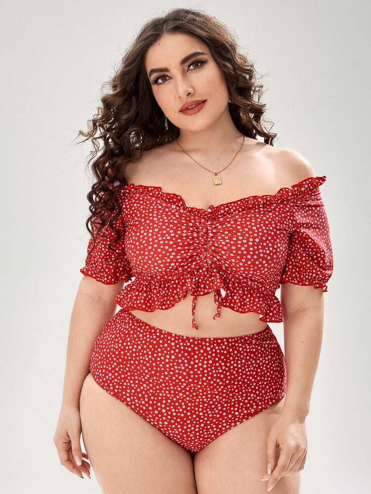 Plus Ditsy Floral Frill Bardot Bikini Swimsuit | SHEIN