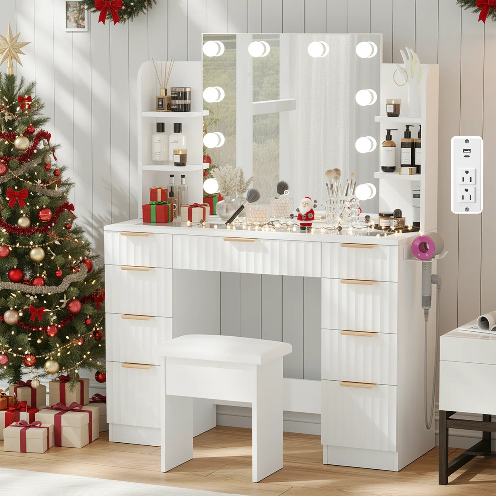 43.3" Glass-top Makeup Vanity With Mirror, Outlet, 3-color Mode Adjustable Brightness Lighting, M... | Wayfair North America