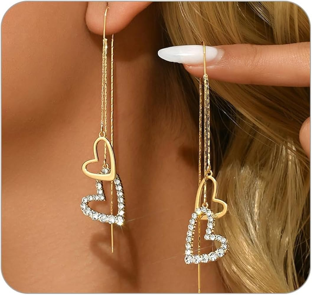 Gold Heart Dangle Earrings for Women,Dainty Crystal Heart Long Drop Chain Tassel Threader Earring... | Amazon (US)