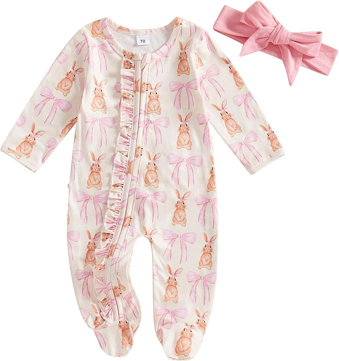 Lamuusaa Newborn Baby Girl Easter Outfit Bunny Bow Print Footie Romper Ruffle Bodysuit Zipper Jum... | Amazon (US)