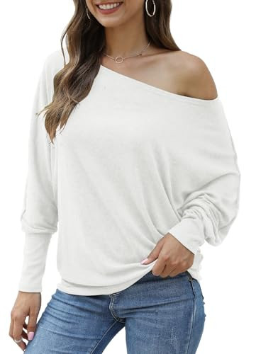 Aifer White Long Sleeve Shirts For Women Off Shoulder Loose Casual Tops Batwing Sleeve Crewneck Winter Clothes Sweaters White M | Amazon (US)