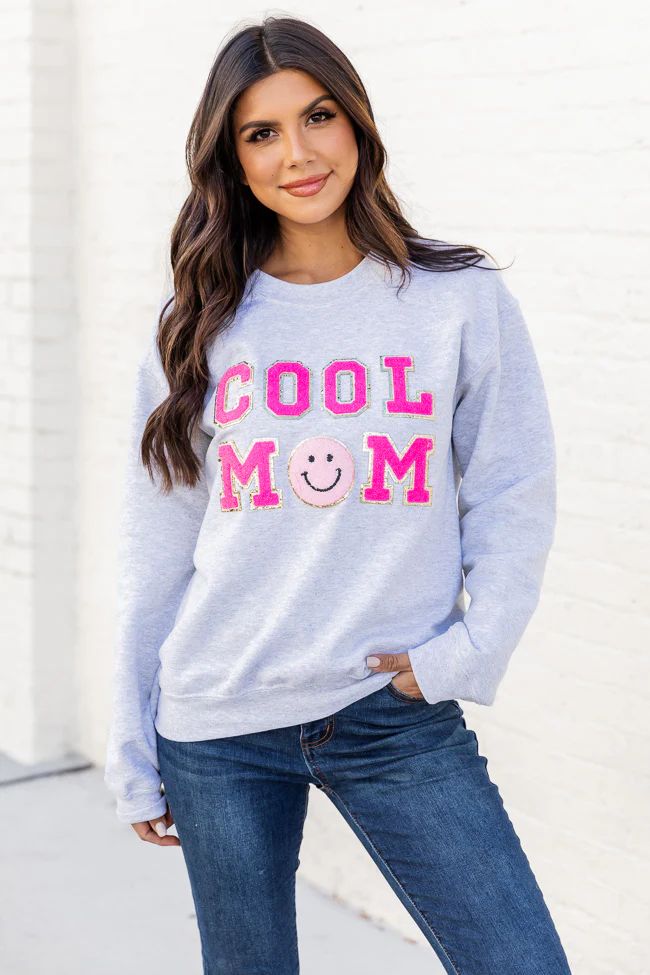 Cool Mom Smiley Ash Chenille Patch Graphic Sweatshirt | Pink Lily