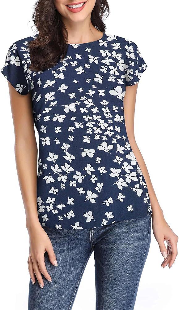 TORARY Women Short Sleeves Boatneck Floral Summer Casual Chiffon Blouse Top | Amazon (US)