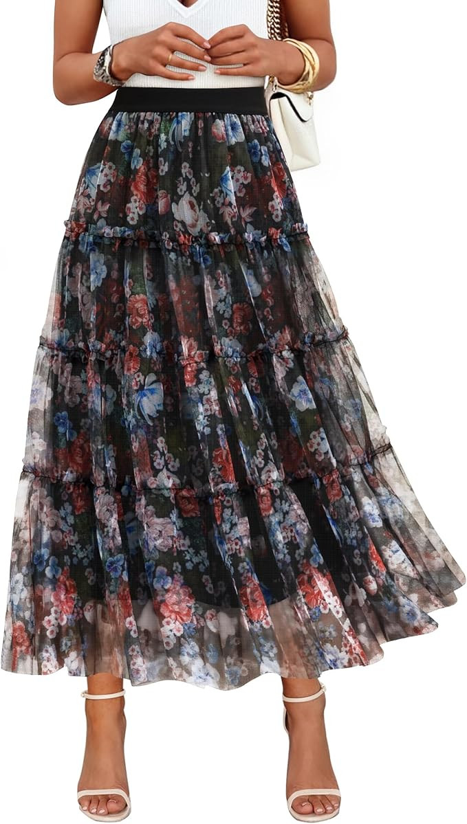 ZESICA Women's Tulle Maxi Skirt A-Line Flowy Ruffle Tiered Elastic High Waist 2025 Fall Fahion Mi... | Amazon (US)