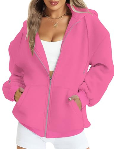 FANCYINN Hoodies for Women Full Zip Up Cropped Sweatshirts Teen Girls Oversized Fleeced Coats Long Sleeve Jackets Rose Red S | Amazon (US)