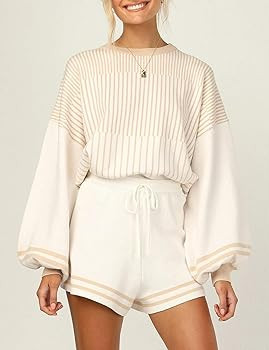 Rxozrxoz Women's Casual Striped 2 Piece Knitted Outfits Crewneck Wide Leg Pullover Knit Shorts Sw... | Amazon (US)