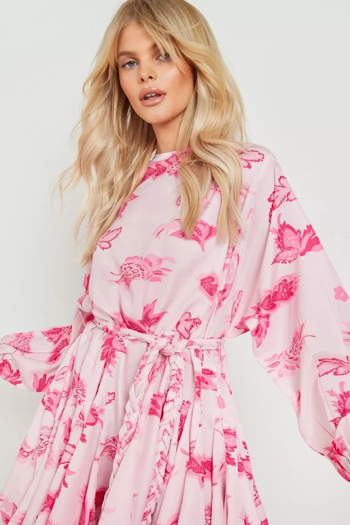 Floral Belted Godet Hem Skater Dress | Boohoo.com (US & CA)