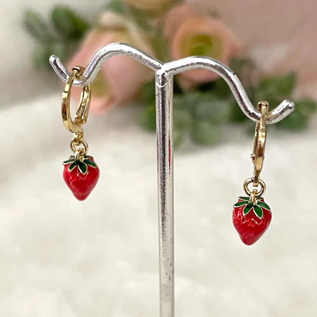 Strawberry Hoop Earrings: 18K Gold Plated, Enamel Charm - Etsy | Etsy (US)