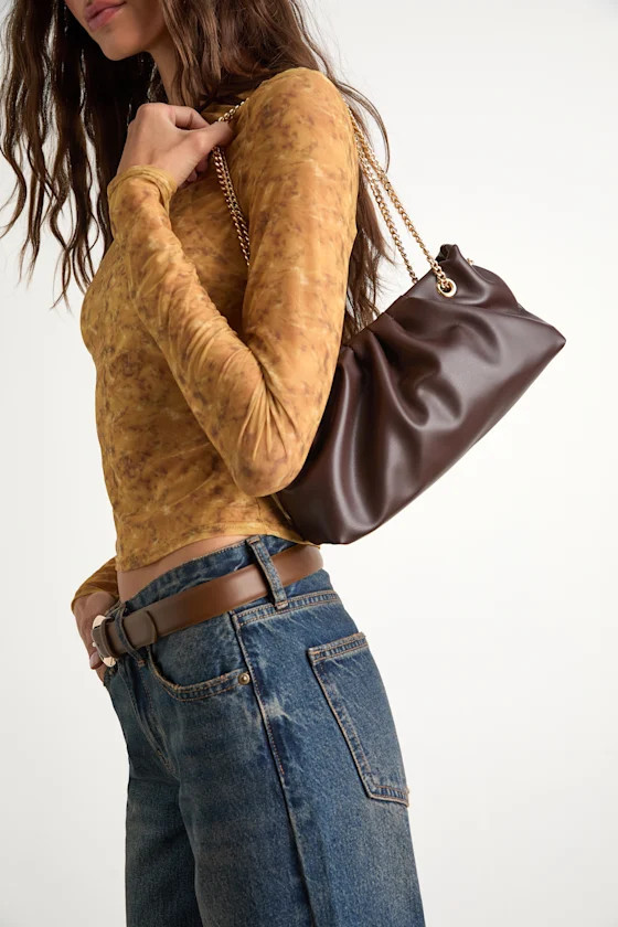 Sabren Dark Brown Pleated Chain Strap Shoulder Bag | Lulus