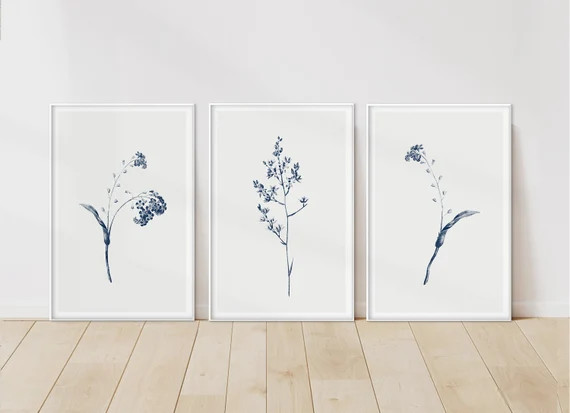 Botanical Print Set, Leaves Print, Navy Floral Printables, Print Set of 3, Leaf Poster Set, Flowe... | Etsy (US)