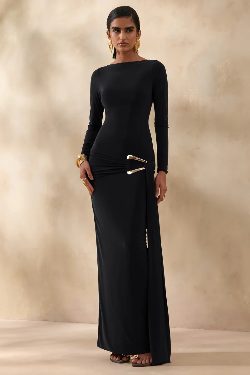 Astrielle  Black Wide-Neck With Gold-Detail And Sash | Club L London