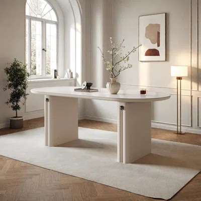 Stone Dining Table with Wood Base in Cream Finish | Wayfair North America