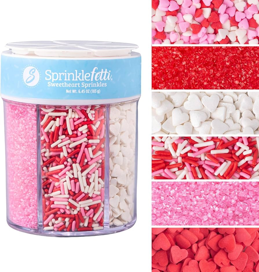 Sweets Indeed Valentines Sprinkles 6-Cell Jar | Heart Sprinkles, Red White Pink Jimmies & Sanding... | Amazon (US)