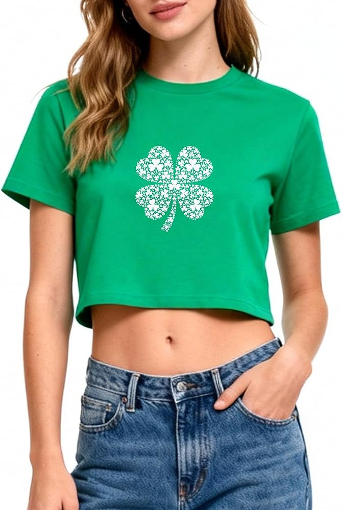St Patricks Day Crop Top: Shamrock Pattern Crewneck Short Sleeve Shirt Womens Outfits for St. Pat... | Amazon (US)